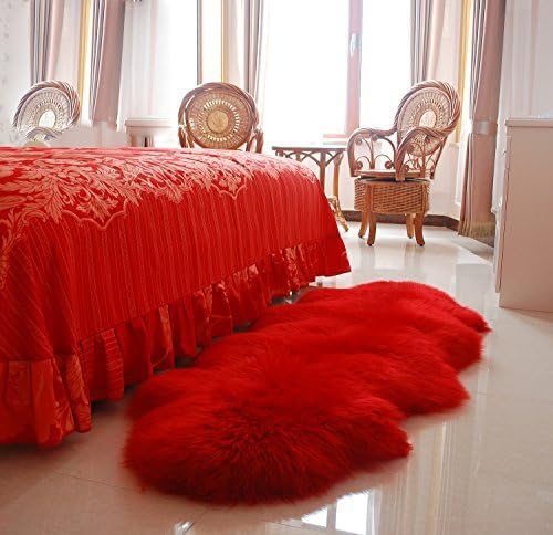 High-grade Autumn Winter Wool Sheepskin Thick Red Romantic Wedding Sofa Rug Super Soft Bedroom Room Carpet (5'0x2'5, Red)