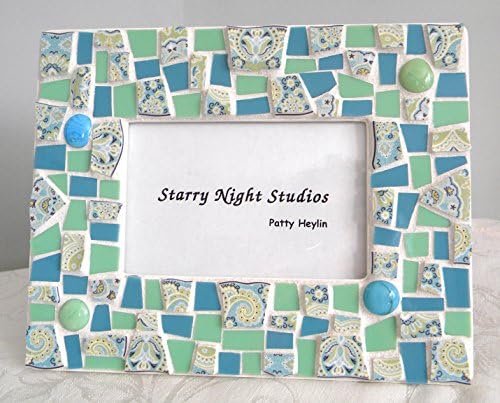 Mosaic Frame - Blue and Green Paisley - Stained Glass and Recycled Broken China Tiles