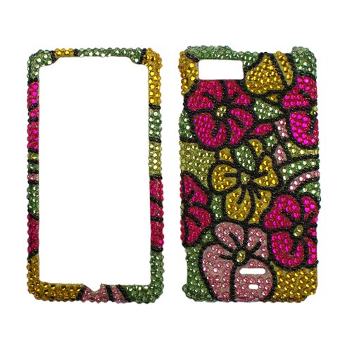 Pink Purple Yellow Green Flower Full Diamond Bling Snap on Design Case Hard Case Skin Cover Faceplate for Motorola Droid X Mb810 + Screen Protector Film