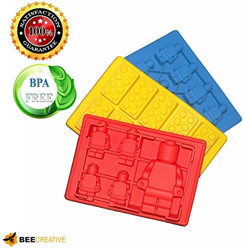 Lego Inspired Minifigure and Building Bricks Ice Cube Trays or Candy Molds - 3 Pack + Bonus E-book