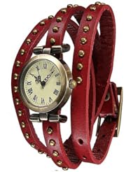 Women Lady Retro Vintage Weave Rivet Leather Band Quartz Bracelet Wrist Watch Red