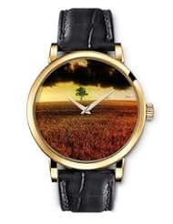 SPRAWL Aanalog Fashion Series Gold Ladies Watches of Genuine Black Leather Strap,Unique Wrist Watch for Women Girls Designed with Leaves on the grass, blurred sky
