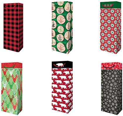 Christmas Holiday Wine &amp; Liquor Bottle Gift Bags, Reindeer, Polar Bears, Plaid, Nature, Snowflakes, 6 Pack Assortment, 5" x 14" x 3"