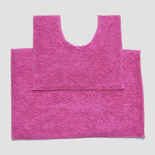 Large Hot Pink 2 Piece High Pile Chenille Bath Mat and Pedestal Contour Rug Set