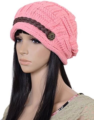 Women Winter Warm Slub Knit Snow Beanie Hat Crochet Ski Cap Pink