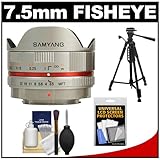 Samyang 7.5mm f/3.5 UMC Fisheye Manual Focus Lens (Silver) with Tripod + Accessory Kit for Micro 4/3 Olympus Pen E-PL1, E-PL2, E-Pl3, E-PM1, E-P3, OM-D E-M5 Digital Camera