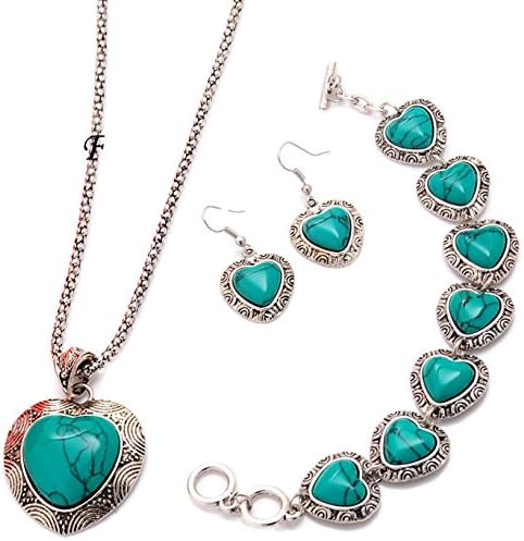Inspiring Turquoise Heart Set of Pendant Necklace with Matching Earrings and Bracelet