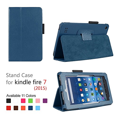 Fire 7 2015 Case - Slim Fit Folio Premium Leather Standing Protective Cover Case for Amazon Fire 7 Tablet (will only fit Fire 7" Display 5th Generation - 2015 release) (Blue)
