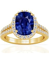 14K Yellow Gold Cushion Cut Blue Sapphire Ring With Sidestones (GIA Certificate)