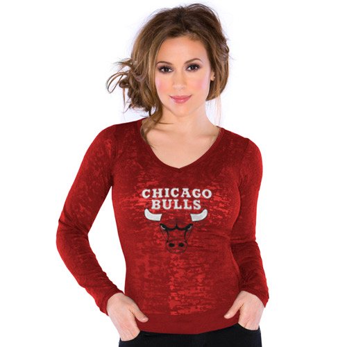 NBA Touch by Alyssa Milano Chicago Bulls Ladies Burnout Thermal V-neck Long Sleeve Premium T-Shirt - Red (Small)