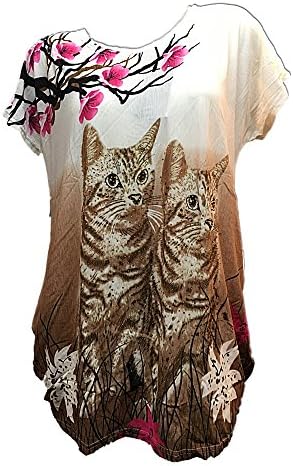 Women's Blouse With Cat and Cherry Blossom (XL/XXL, Beige)