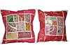 India Cushion Covers-2 Red Pink Patchwork Embroidered Sari Throw Pillow Shams 16"