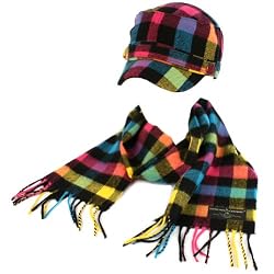 Kids Winter Plaid Castro GI Cadet Hat Cap Softer Cashmere Scarf? Set Rainbow Black