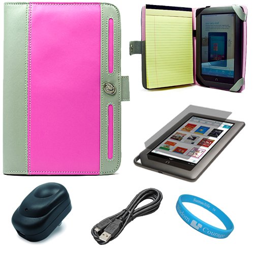 Hot Pink Executive Melrose Leather Protective Case Cover for Barnes and Noble Nook Color Wireless Reading Device Wi-Fi 7 inch LCD Display Screen + Clear Screen Protector for Barnes and Noble Nook Color + USB Travel Wall Charger + Micro USB Data Cable Cord