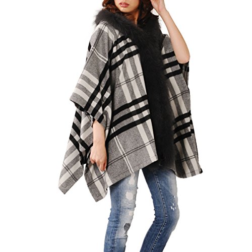 ウール 100% ポンチョ ケープ ボレロ フォックス チェック柄 ボレロ ファーケープ マント レディース