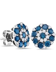 10K White Gold Round Brilliant Cut Blue and White Diamond - Flower Shape Channel Set Studs Earrings with Secure Push Back Closure - (1.50 cttw.)