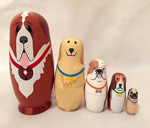B&amp;Y Set of 5 Semenov Wooden Russian Nesting Dolls - Matryoshka Stacking Nested Wood Dolls