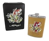 Ed Hardy Koi Fish Embroidered Tan Leather 8 Oz. Flask