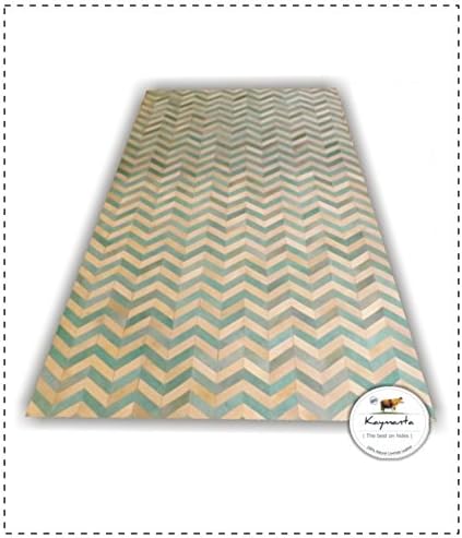 6 x 9 - Chevron Hair on Hide Leather Rug - Light Blue & White Cowhide Patchwork Carpet