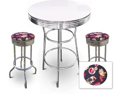 Chrome Bar Table & 2 Chrome Nascar Coca Cola Fabric Seat Barstools