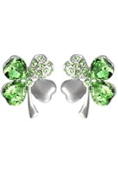 Four Leaf Clover Heart Shaped Swarovski Elements Crystal Rhodium Plated Stud Earrings