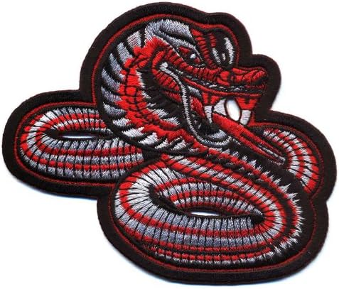 Embroidered Iron On Patch - Red Black & Silver Snake Cobra 4.5" Patch