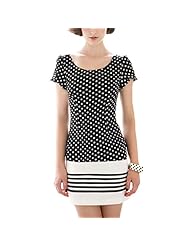 Two-Toned Striped Print Dots Print Polyester Colorblocking Short Sleeves Round Neck  Dress