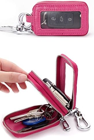 Jaswon Authentic Leather Car Key Pouch Crocodile Family Key Case Holder Double Zipper Purse Wallet Mini-Size Clutch Bag with Key Ring &amp; Clear Window for Men Women (Pink)