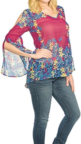 FLORAL BORDER PRINT TOP, OPEN BELL SLEEVE CHIFFON BLOUSE Y2L126 Small MAGENTA