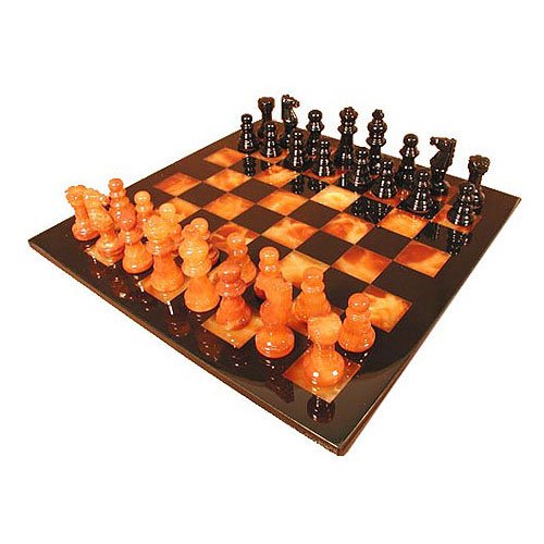 Brown and Black Alabaster Chess Set with Frame