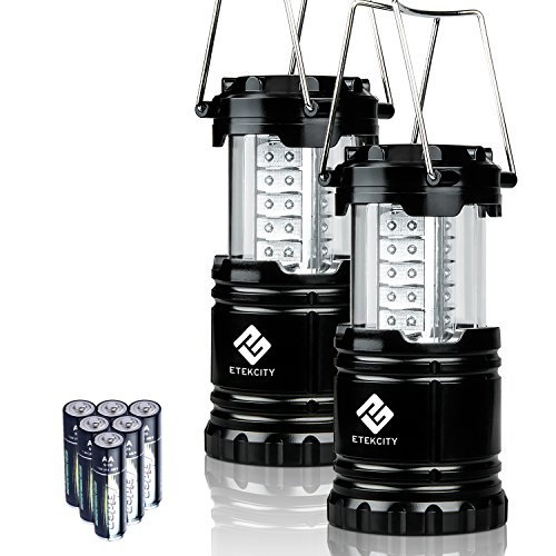 Etekcity 2 Pack Portable Outdoor LED Camping Lantern Flashlight with 6 AA Batteries (Black, Collapsible)