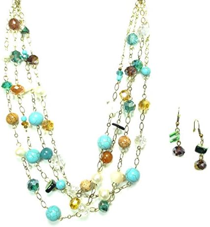 Goldtone Aqua Blue Bead and Glass Crystal Fashion Necklace and Earrings Set