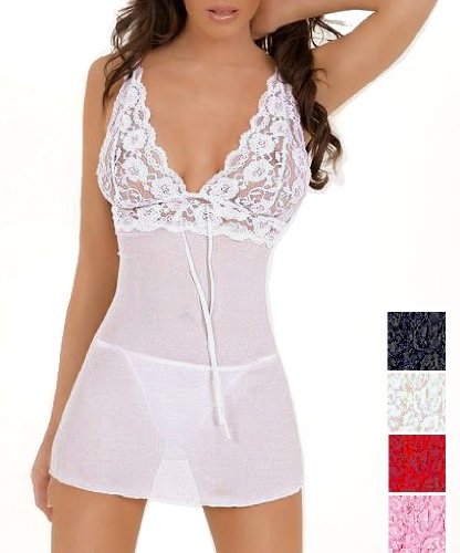 51QGc54APwL Stretch Lace Chiffon Babydoll & Matching Thong Set
