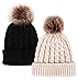 Simplicity Unisex Winter Hand Knit Faux Fur Pompoms Beanie 2 Pc Set, Black/Cream