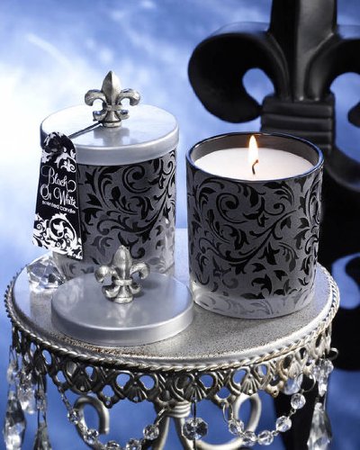 DecoGlow Black on White Collection 4.3 x 3-Inch Frosted Glass with Damaske Pattern and Metal Lid Filled with White Orchid Scented Candle