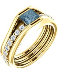 10K Yellow Gold Princess Cut Blue and White Diamond Ring -- LIFETIME WARRANTY