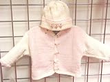 Hand Knitted Crochet Finished Pink and Natural Chenille Cardigan Hat Set Trimmed with Rosebuds