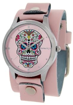 Nemesis # PGB925PK Women's Pink Wide Leather Band With Tatto Skull Watch