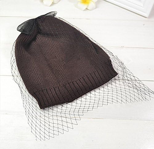 CITY Women's Face Veil Beanie Crochet Knit Pom Pom Cap With Yarn Ball (coffee)
