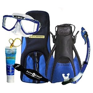 U.S. Divers Sideview Mask, Paradise Dry Snorkel, Travel Trek Fins, Strap & Coast Bag Package