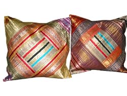 2 Deep Orange Blue Red Sari Zari Borders Cushion Covers 16"