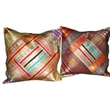 2 Deep Sandstrum Orange Blue Red Sari Zari Borders Toss Pillow Cushion Covers Free Shippingby Mogulinterior