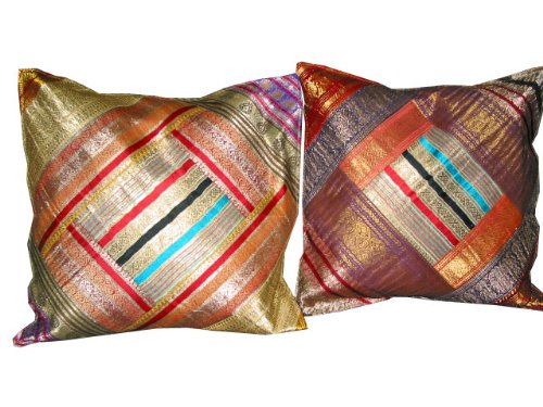 2 Deep Orange Blue Red Sari Zari Borders Cushion Covers 16"