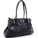 Designer Kate Hill belt buckle accent shoulder Handbag w/ Crocodile texture embossed material Black