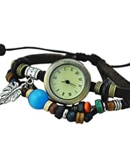Womens Retro Vintage Quartz Leaf Decoration Weave Wrap Faux Leather Bracelet Wrist Watch