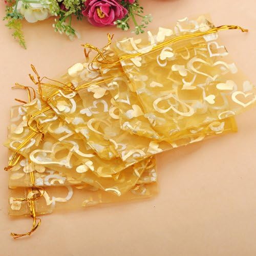 100pcs Golden Heart Organza Jewelry Pouch Favor Gift Bag.