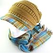 New Ski Plaid Knit Cabbie Beanie Cap Hat Scarf Set Gold Blue Medium Large