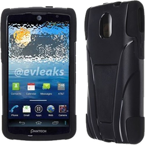 Black Solid HyBrid HyBird Rubber Soft Skin Kickstand Case Hard Cover Faceplate For Pantech Discover 9090 with Free Pouch