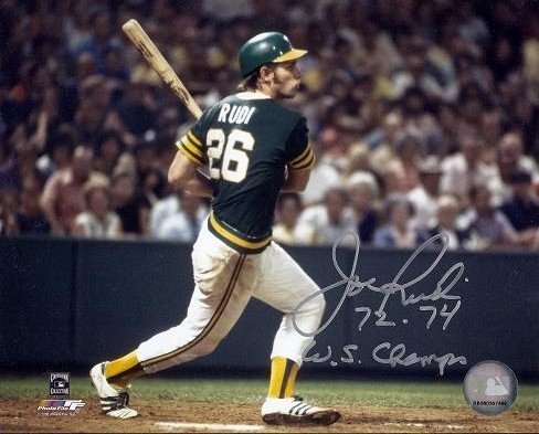Joe Rudi Autographed/Hand Signed Oakland A's 8x10 Photo with ''72-74 WS CHAMPS'' Inscription