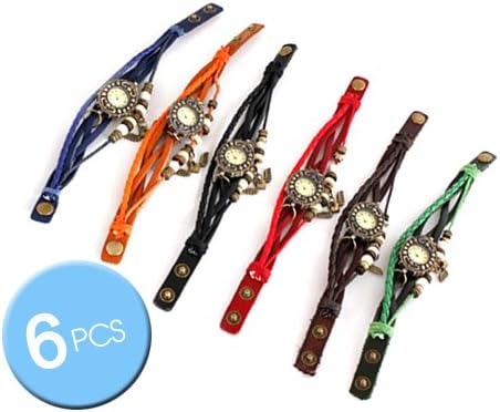 Wholesale Lot of 6 Pcs Vintage Leaf Style Women Weave Wrap PU Leather Band Quartz Analog Charm Bracelet Wrist Watches